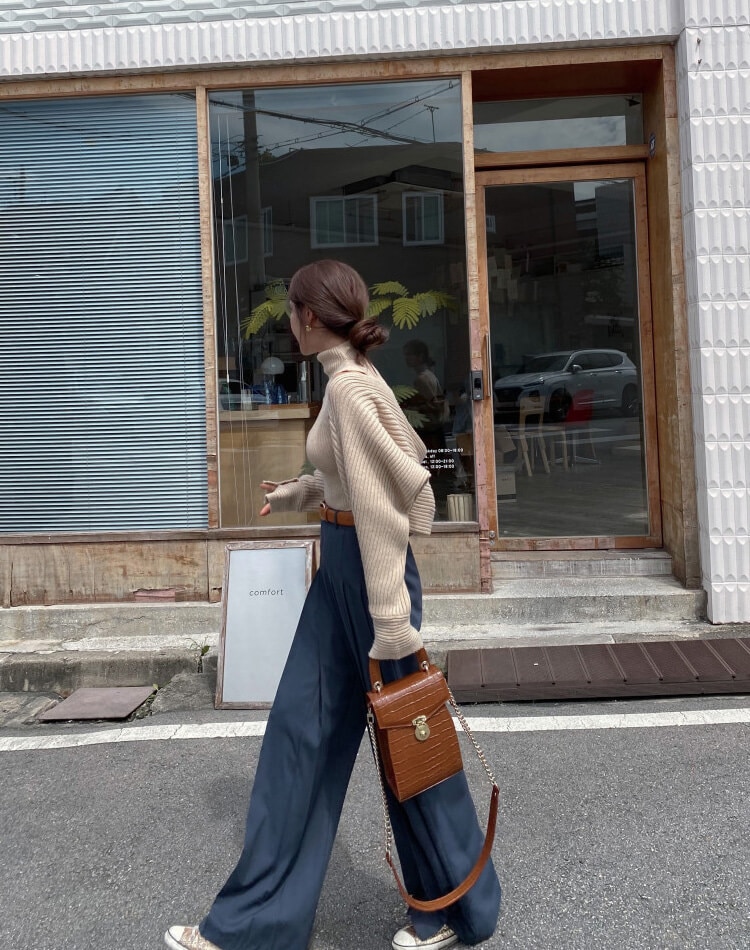 てろんと感 ロング丈 プリーツ ワイドパンツ スラックス