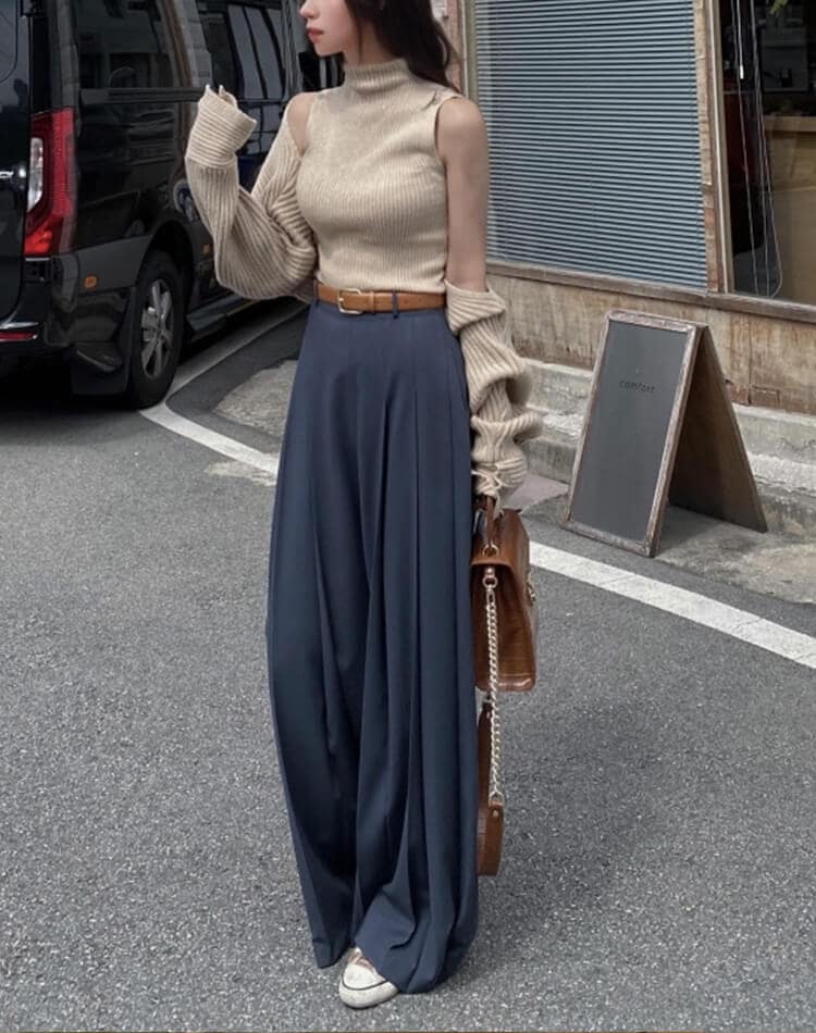 てろんと感 ロング丈 プリーツ ワイドパンツ スラックス