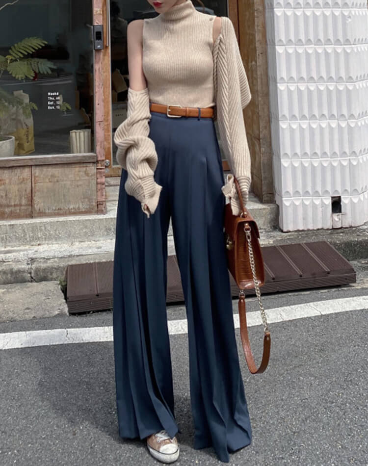 てろんと感 ロング丈 プリーツ ワイドパンツ スラックス