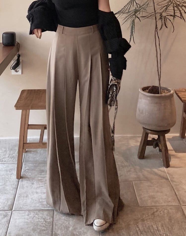 てろんと感 ロング丈 プリーツ ワイドパンツ スラックス