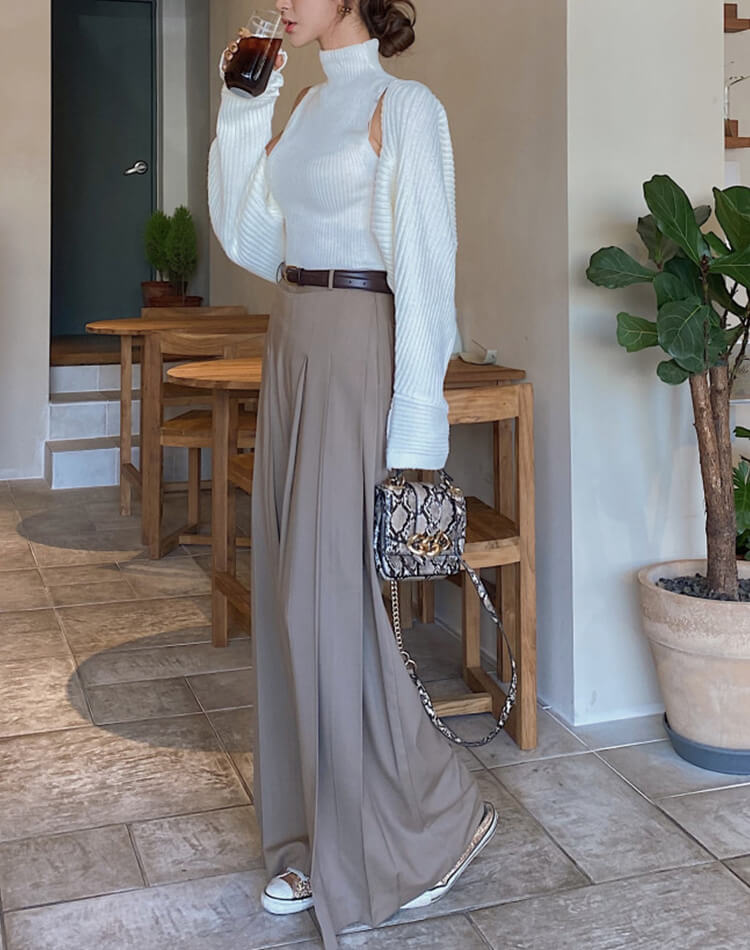 てろんと感 ロング丈 プリーツ ワイドパンツ スラックス