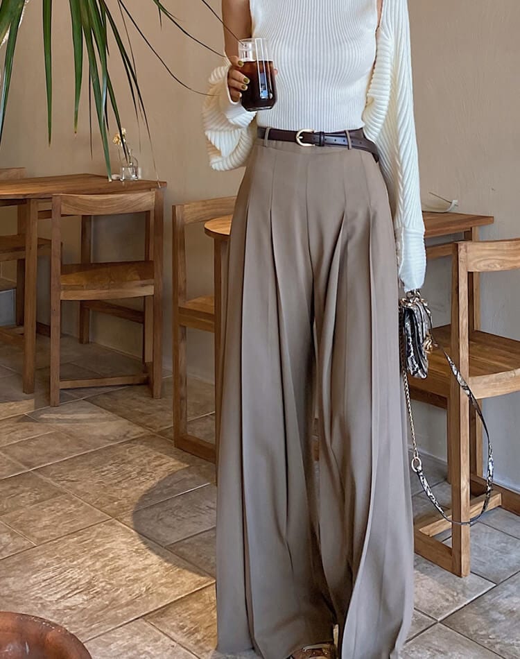 てろんと感 ロング丈 プリーツ ワイドパンツ スラックス