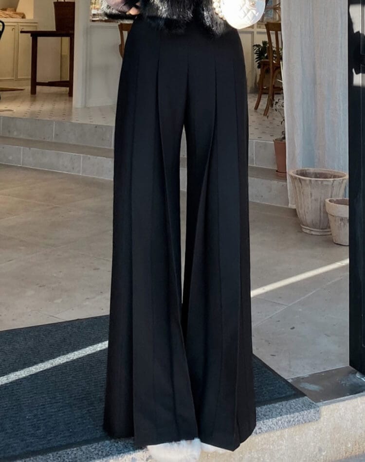 てろんと感 ロング丈 プリーツ ワイドパンツ スラックス