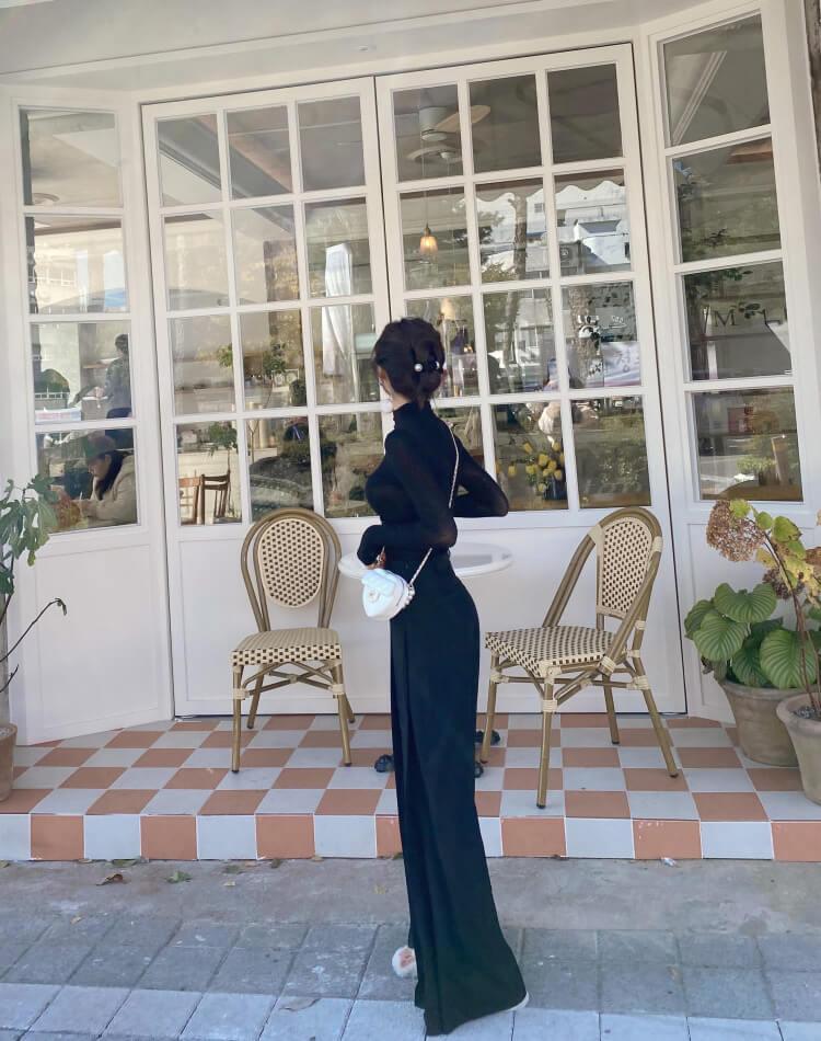 てろんと感 ロング丈 プリーツ ワイドパンツ スラックス