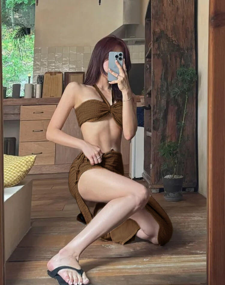 スカート付き ケーブル編み チューブトップ ビキニ 水着

