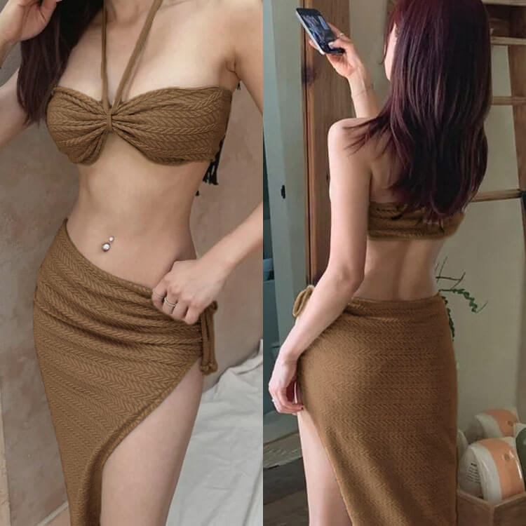 スカート付き ケーブル編み チューブトップ ビキニ 水着

