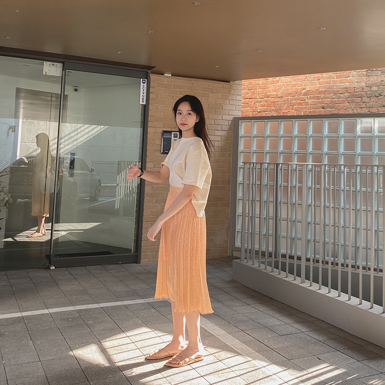 オレンジドット プリーツ ロングスカート