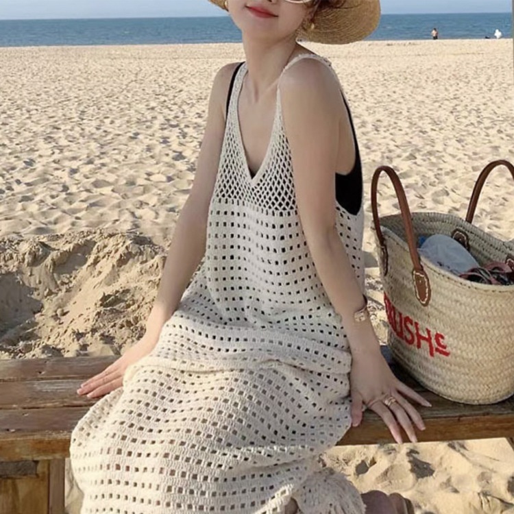 透かし編み クロシェニット ノースリーブ ワンピース