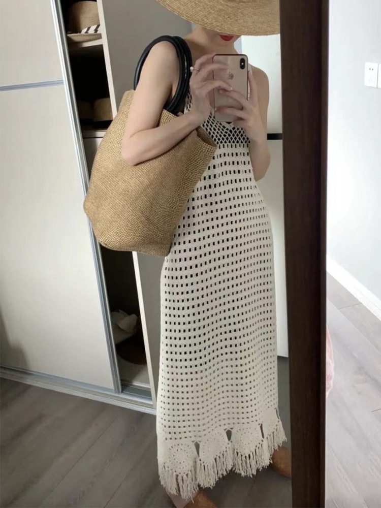 透かし編み クロシェニット ノースリーブ ワンピース