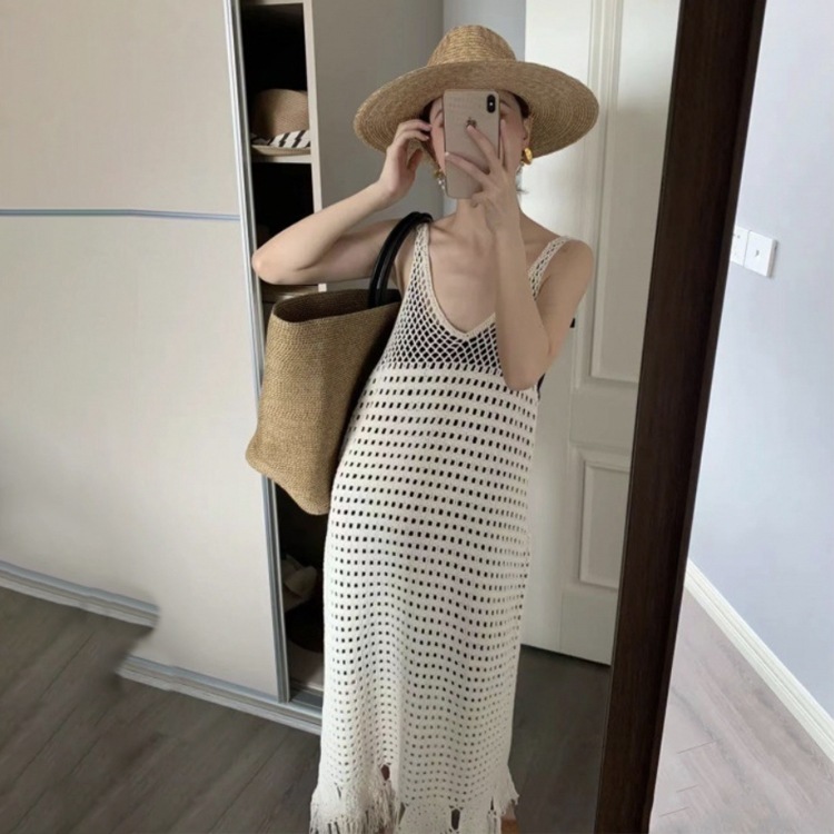 透かし編み クロシェニット ノースリーブ ワンピース