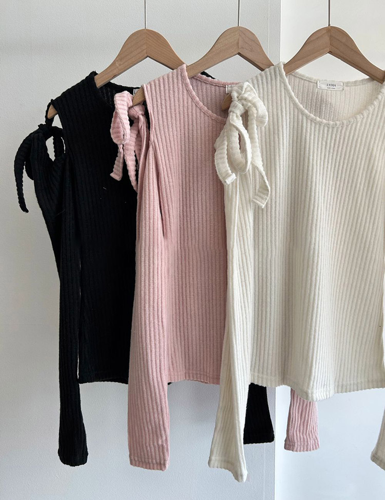 カットショルダー りぼん 長袖 Tシャツ