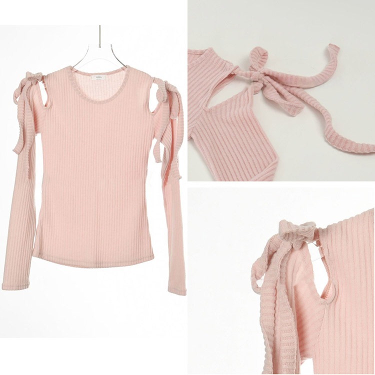 カットショルダー りぼん 長袖 Tシャツ