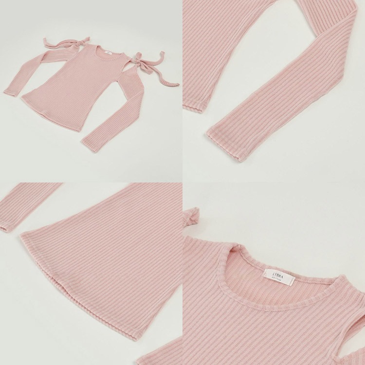 カットショルダー りぼん 長袖 Tシャツ