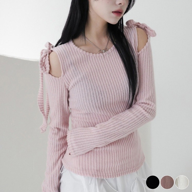 カットショルダー りぼん 長袖 Tシャツ