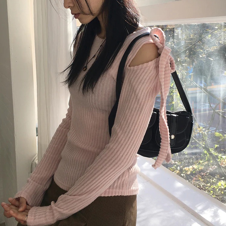 カットショルダー りぼん 長袖 Tシャツ