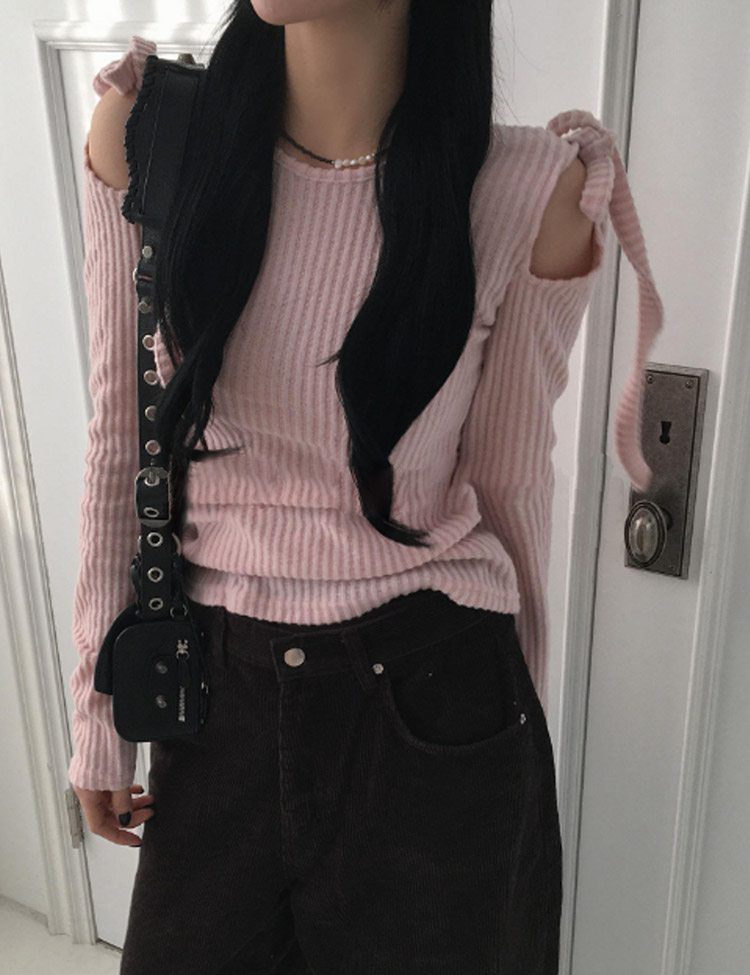 カットショルダー りぼん 長袖 Tシャツ