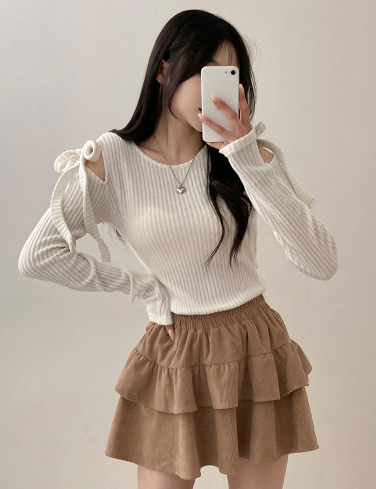 カットショルダー りぼん 長袖 Tシャツ