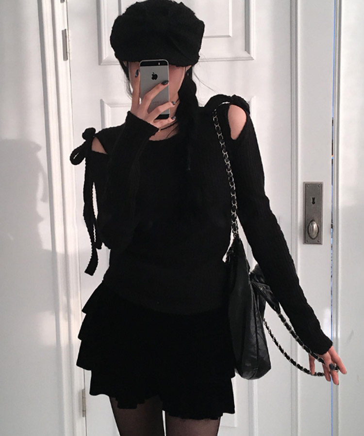 カットショルダー りぼん 長袖 Tシャツ