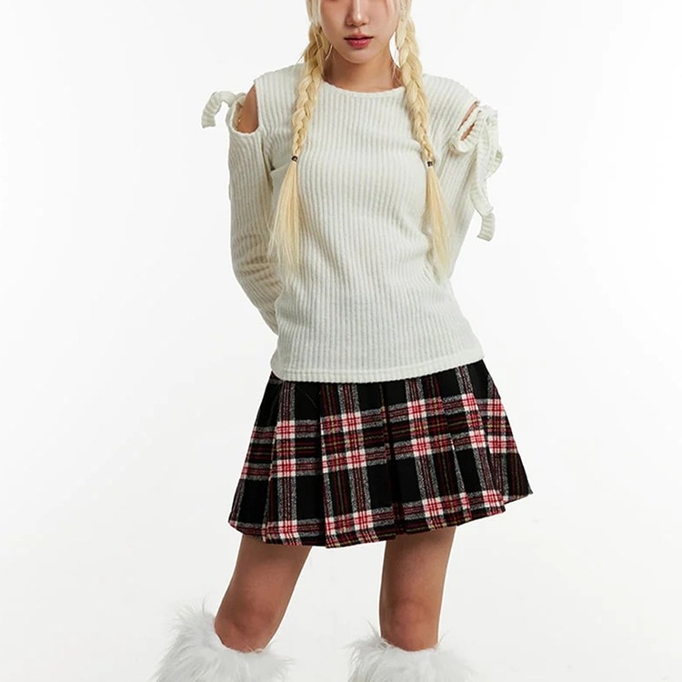 カットショルダー りぼん 長袖 Tシャツ