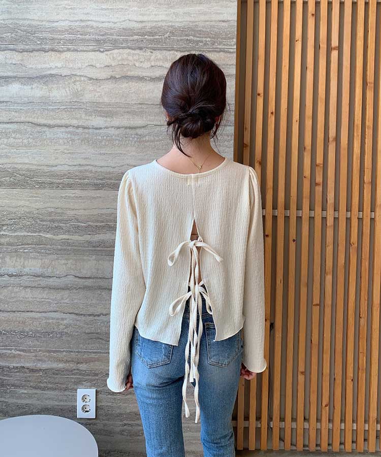 クロップド丈 ポコポコ バックリボン スリット トップス