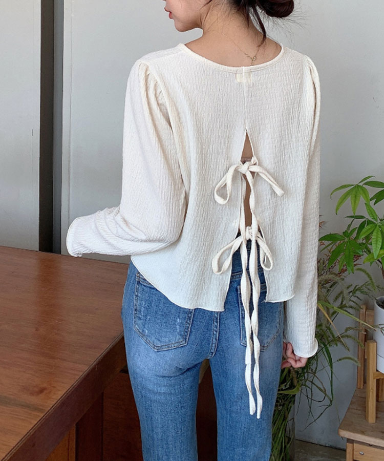 クロップド丈 ポコポコ バックリボン スリット トップス