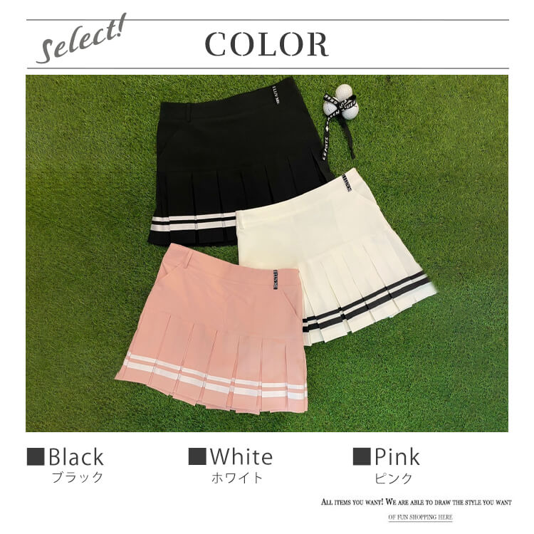 韓国ゴルフウェア バイカラーライン ミニ丈 プリーツスカート
