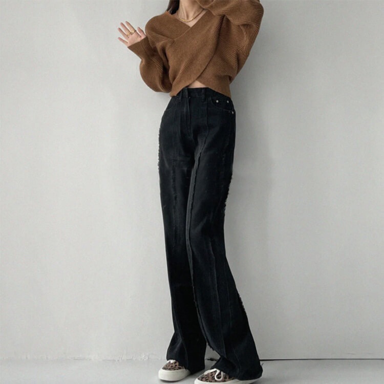 切りっぱなし ハイウエスト デニム ワイドパンツ