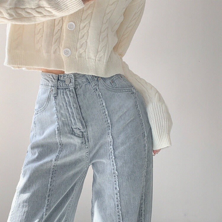 切りっぱなし ハイウエスト デニム ワイドパンツ