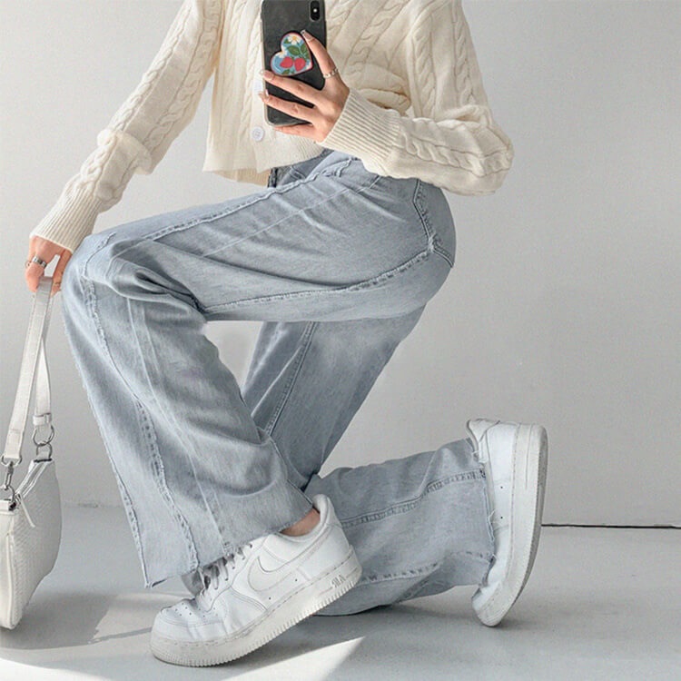 切りっぱなし ハイウエスト デニム ワイドパンツ