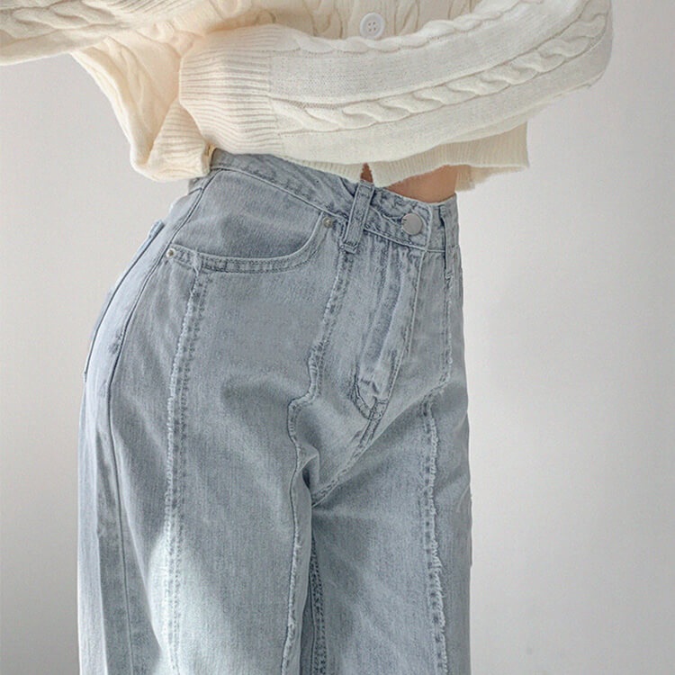 切りっぱなし ハイウエスト デニム ワイドパンツ