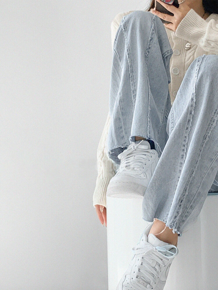 切りっぱなし ハイウエスト デニム ワイドパンツ