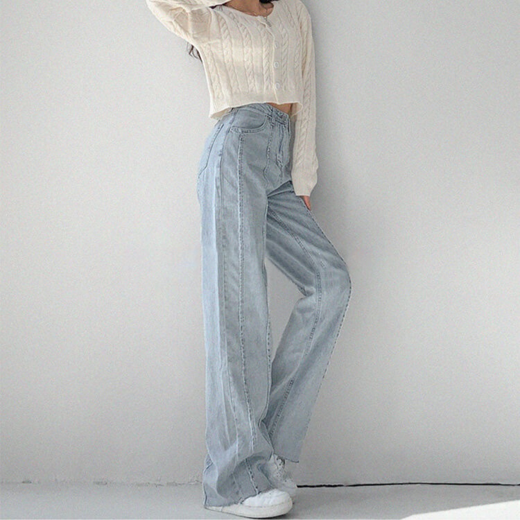 切りっぱなし ハイウエスト デニム ワイドパンツ