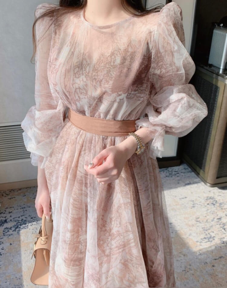 プリント柄 シースルー シフォン 長袖 ドレス ワンピース