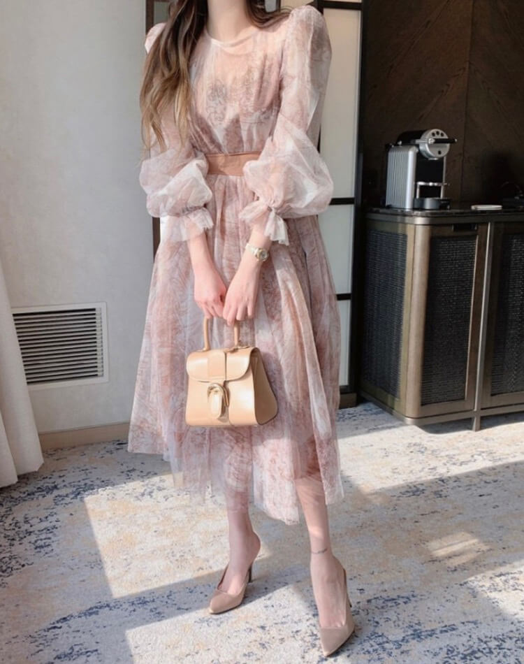 プリント柄 シースルー シフォン 長袖 ドレス ワンピース