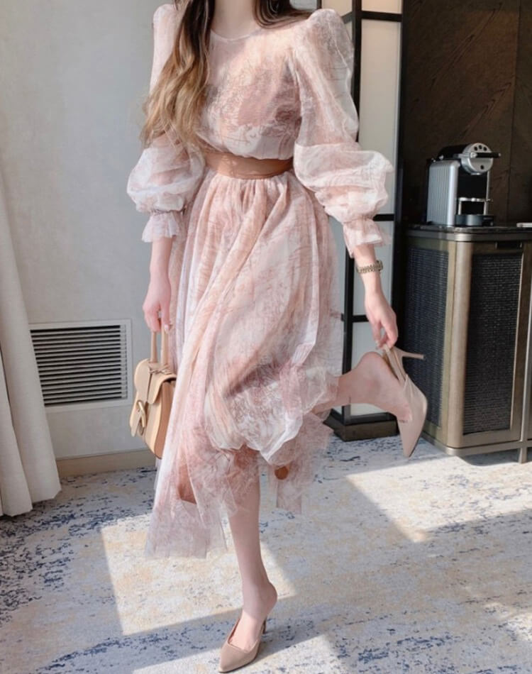 プリント柄 シースルー シフォン 長袖 ドレス ワンピース