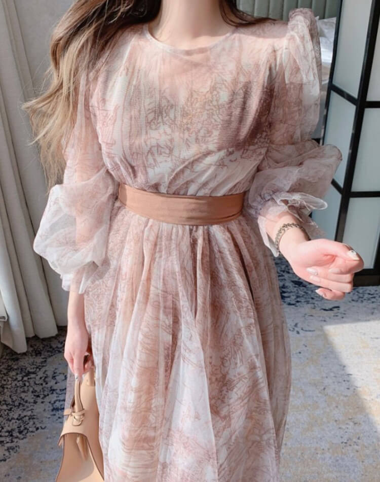 プリント柄 シースルー シフォン 長袖 ドレス ワンピース