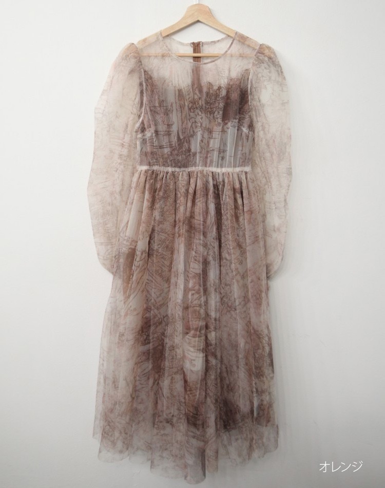 プリント柄 シースルー シフォン 長袖 ドレス ワンピース