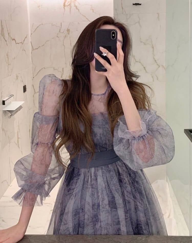 プリント柄 シースルー シフォン 長袖 ドレス ワンピース