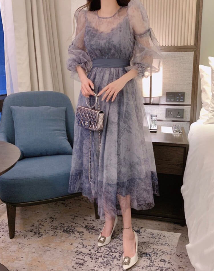 プリント柄 シースルー シフォン 長袖 ドレス ワンピース