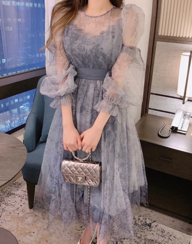 プリント柄 シースルー シフォン 長袖 ドレス ワンピース