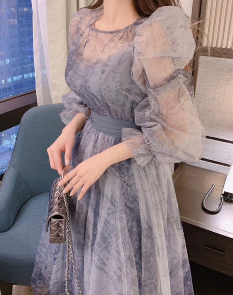 プリント柄 シースルー シフォン 長袖 ドレス ワンピース