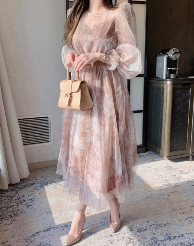 プリント柄 シースルー シフォン 長袖 ドレス ワンピース