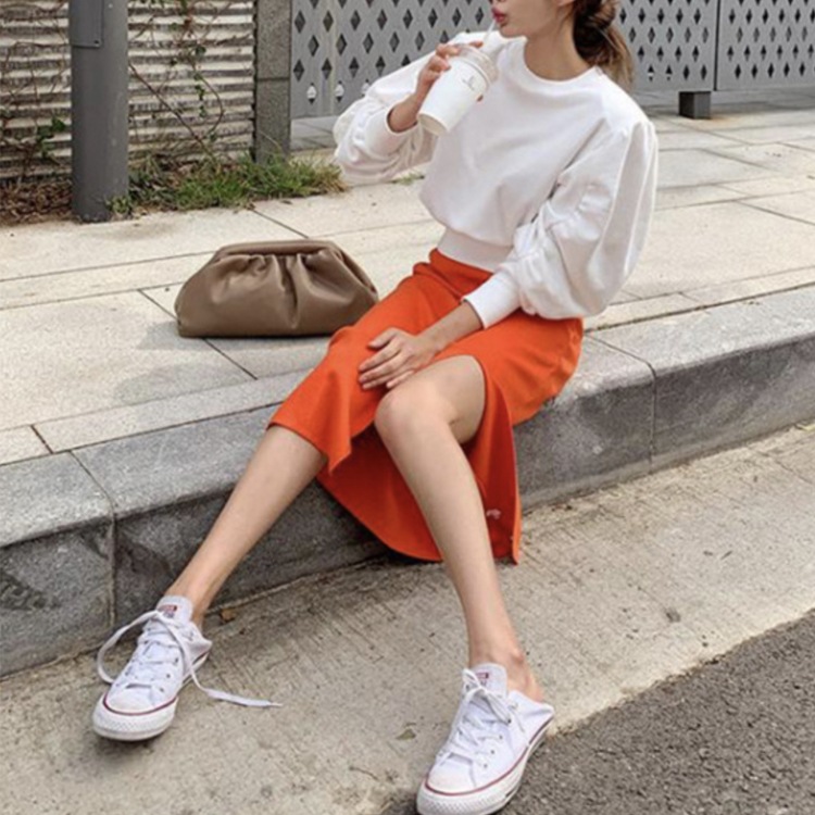 深スリット タイトライン ミモレ丈 ニットスカート