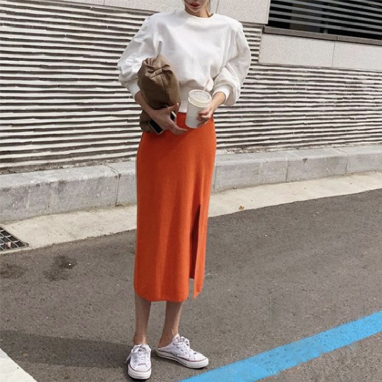 深スリット タイトライン ミモレ丈 ニットスカート