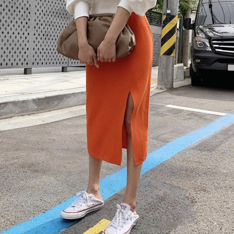 深スリット タイトライン ミモレ丈 ニットスカート