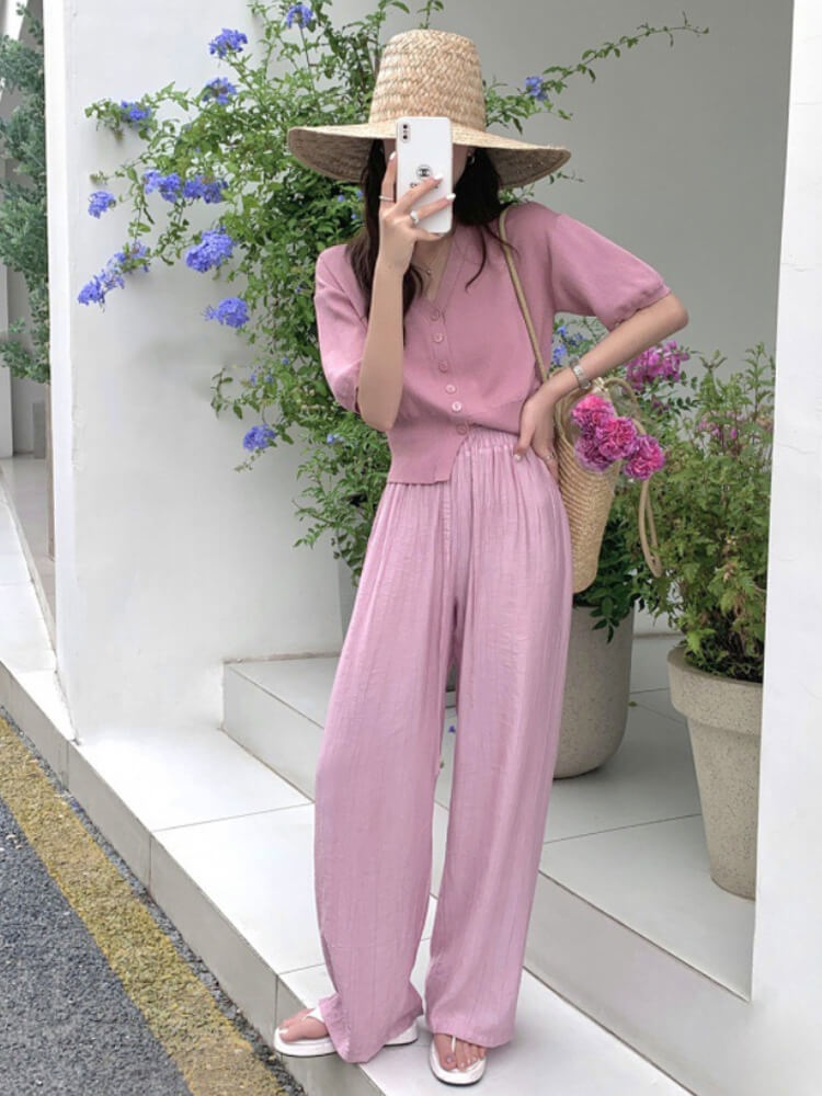 てろんと感 ギャザーしわ加工 ハイウエスト ワイドパンツ