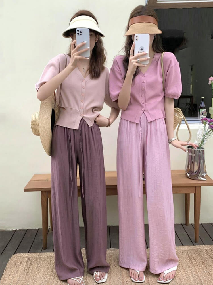 てろんと感 ギャザーしわ加工 ハイウエスト ワイドパンツ