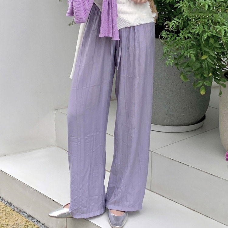 てろんと感 ギャザーしわ加工 ハイウエスト ワイドパンツ