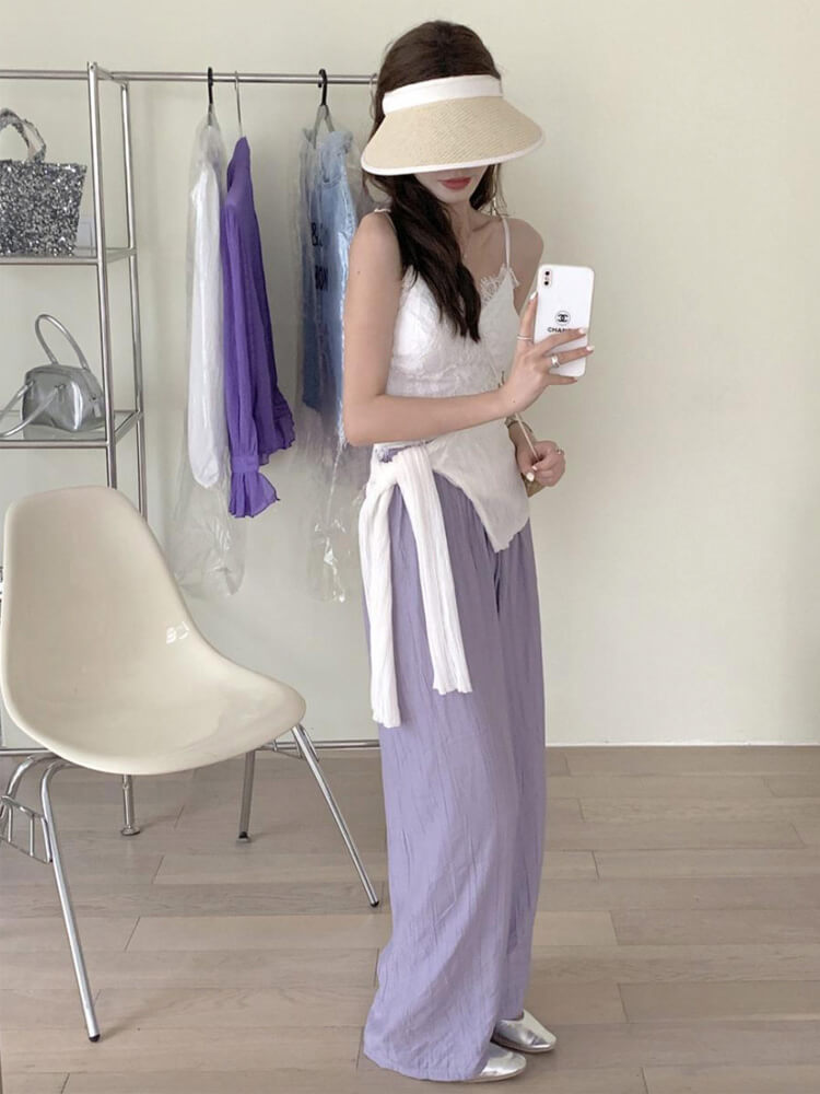 てろんと感 ギャザーしわ加工 ハイウエスト ワイドパンツ