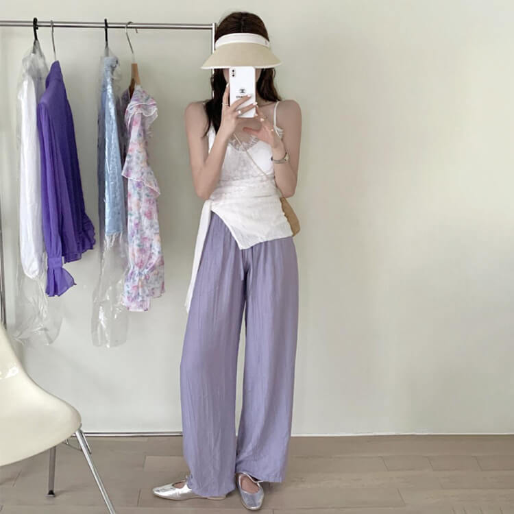 てろんと感 ギャザーしわ加工 ハイウエスト ワイドパンツ